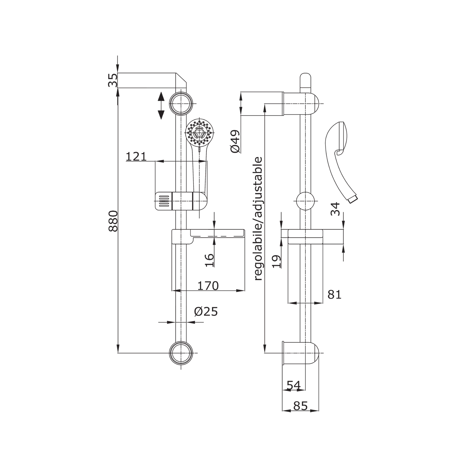 Saliscendi Regolabile Con Doccetta In Abs, Flessibile 150 Cm E Portasapone