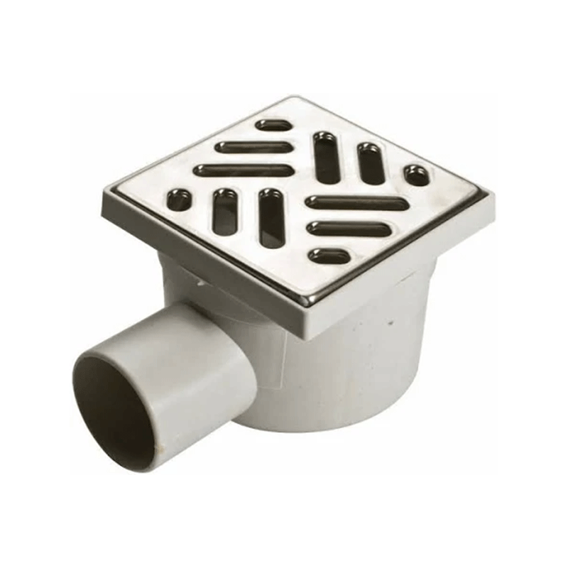 Chiusino sifonato 115x115 mm con griglia in acciaio inox AISI 304 e scarico laterale da 50 mm