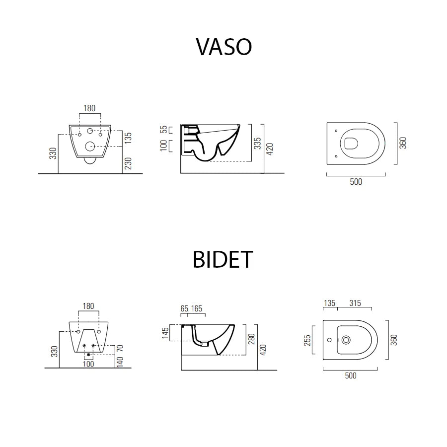Coppia sanitari sospesi Modello Pura 50 WC rimless con bidet e sedile soft close