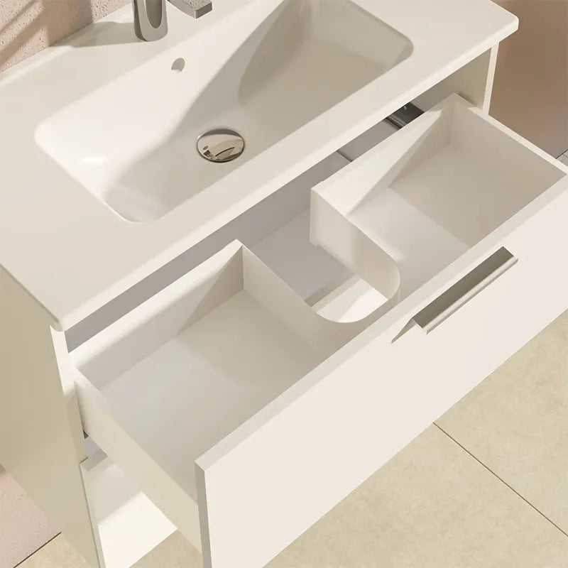 Dettaglio cassetti soft-close mobile bagno bianco lucido