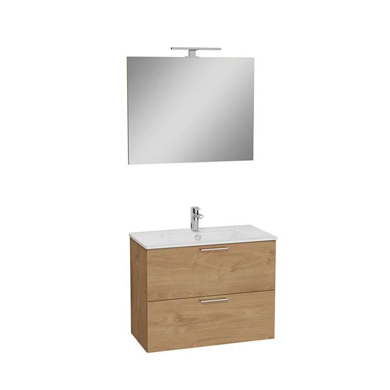 Mobile Bagno Mia Set 80 cm Golden Oak con Lavabo e Specchio LED – 2 Cassetti