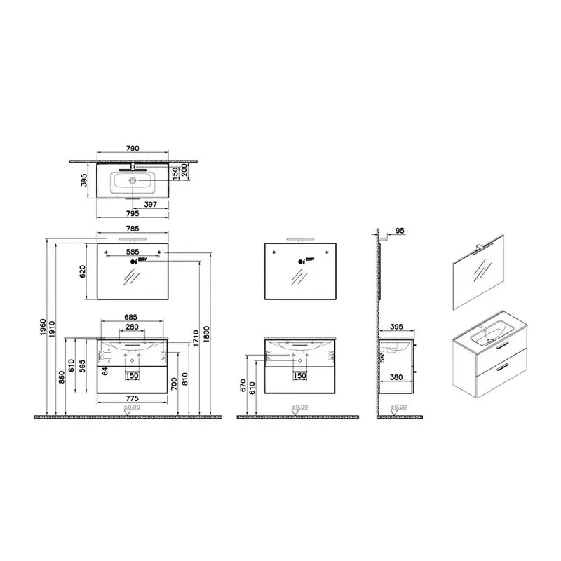 Mobile Bagno Mia Set 80 cm Antracite Lucido con Lavabo e Specchio LED – 2 Cassetti