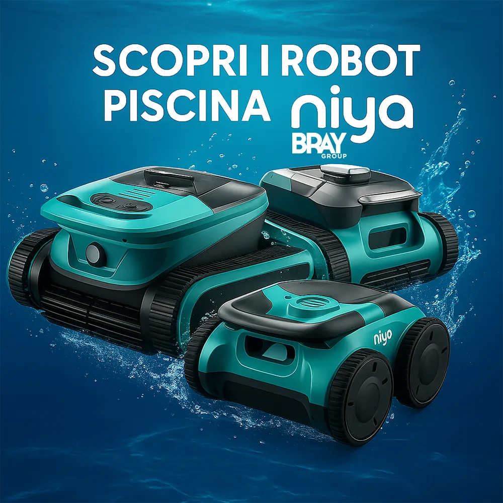 Robot pulitori piscina Niya Tracker 55, 35 e 25 su sfondo blu con scritta promozionale "Scopri i robot piscina Niya" – pulizia automatica per piscine interrate e fuori terra, tecnologia senza fili.