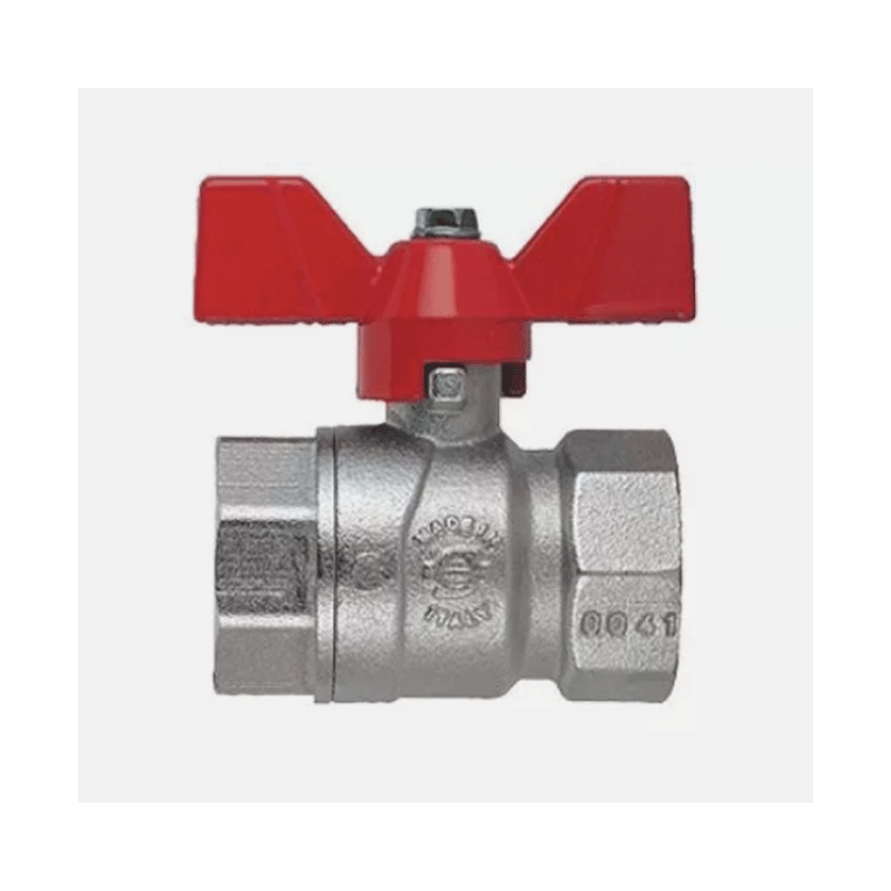 Valvola a sfera FF con farfalla – 1/2", 3/4", 1" – ottone nichelato – farfalla rossa
