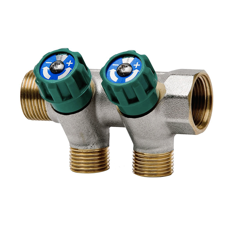 Collettore nichelato 3/4" con uscite 1/2" maschio – 2 vie – passo 36