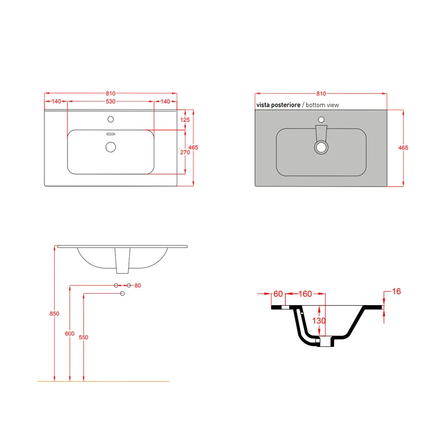Lavabo da incasso Althea Cover Slim 80 cm in ceramica bianco lucido