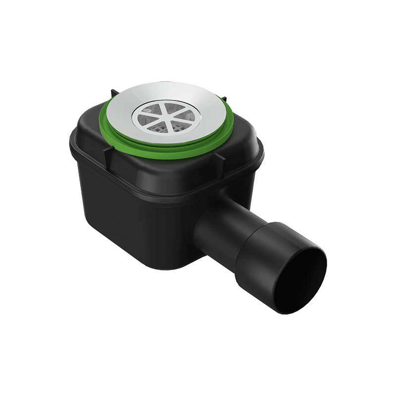 Scarico doccia SPLASH con flangia cromata in ottone Ø 80 mm e corpo nero in PEHD – uscita Ø 40-50 mm