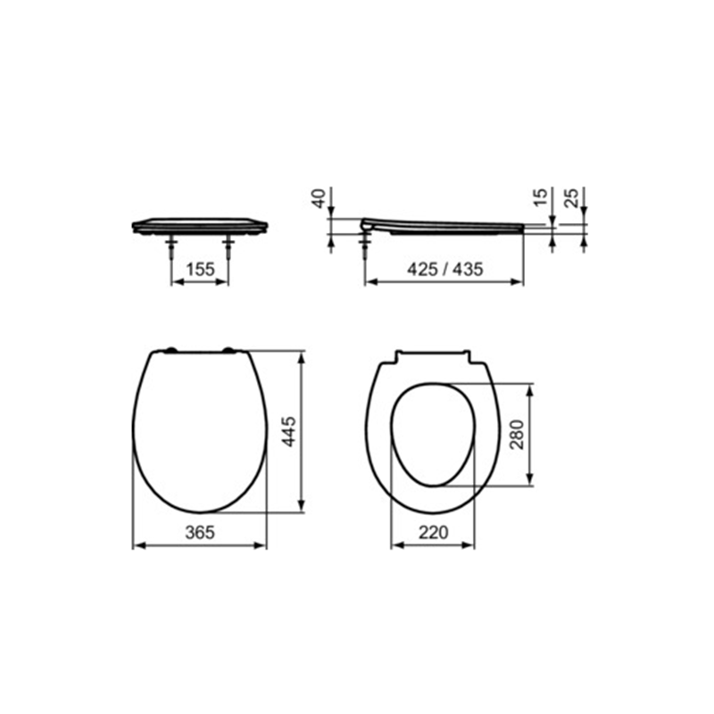 Sedile WC sandwich Ideal Standard – 365x445x40 mm – cerniere in nylon – E131601