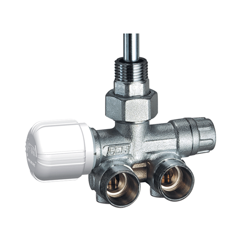 Valvola a squadra MONO-BITUBO termostatizzabile destra o sinistra – con codolo, calotta e sonda – cromata