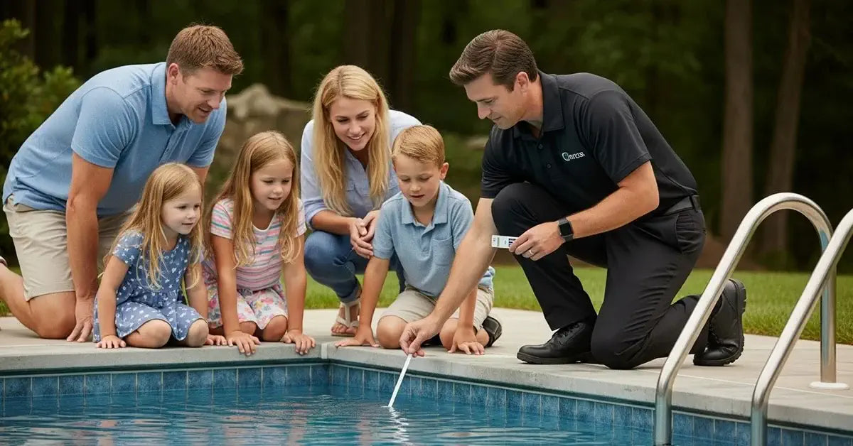 Trattamento acqua piscina con prodotti chimici e bilanciamento pH
