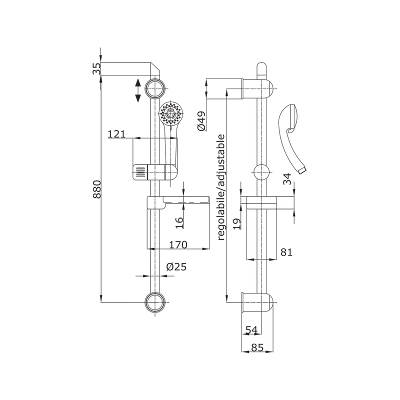Saliscendi Regolabile Con Doccetta In Abs, Flessibile 150 Cm E Portasapone
