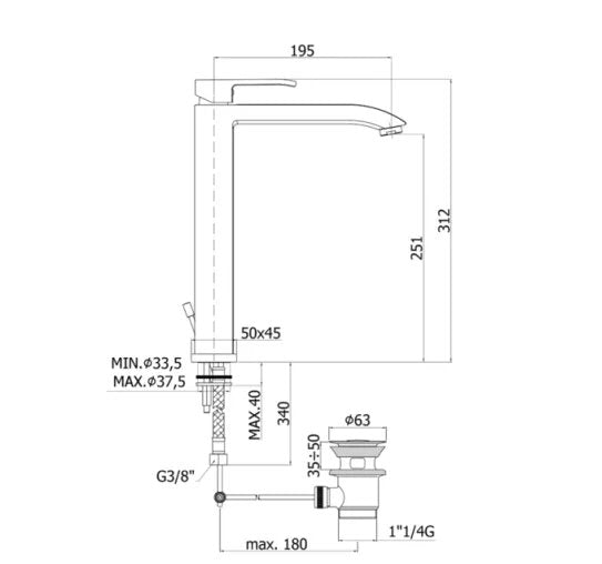 Miscelatore Lavabo Prolungato Level Cromato Con Piletta Di Scarico 1"1/4 - PAFFONI