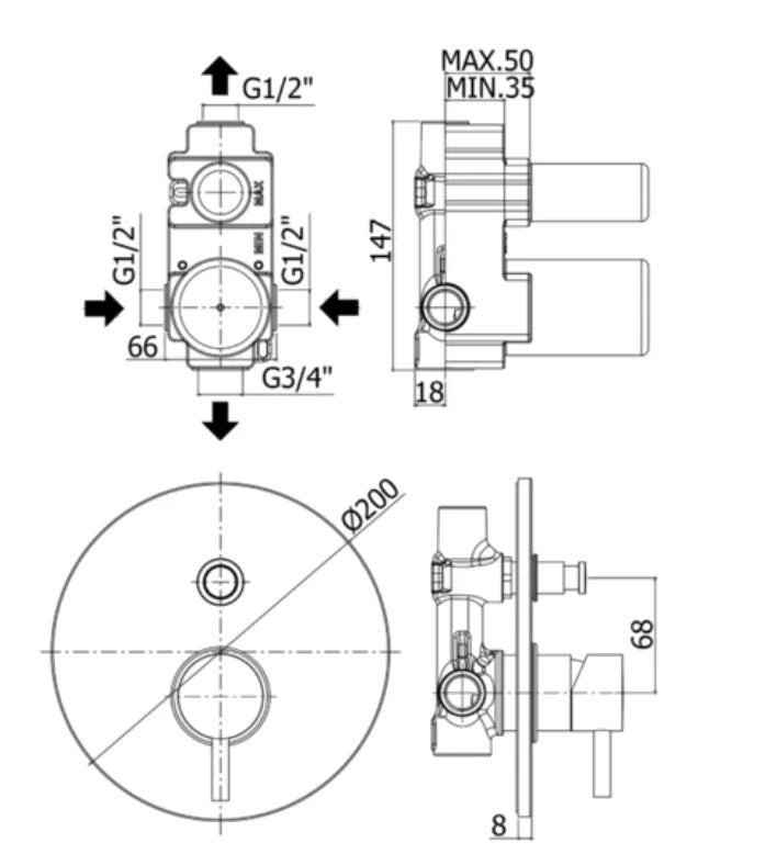 Miscelatore Incasso Doccia Light Cromato - CON DEVIATORE A PULSANTE E PIASTRA Ø200MM