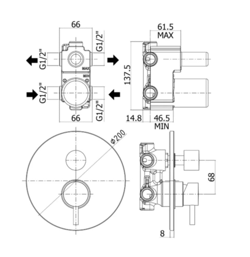 Miscelatore Incasso Doccia Light Cromato - CON CARTUCCIA DEVIATORE E PIASTRA Ø200MM