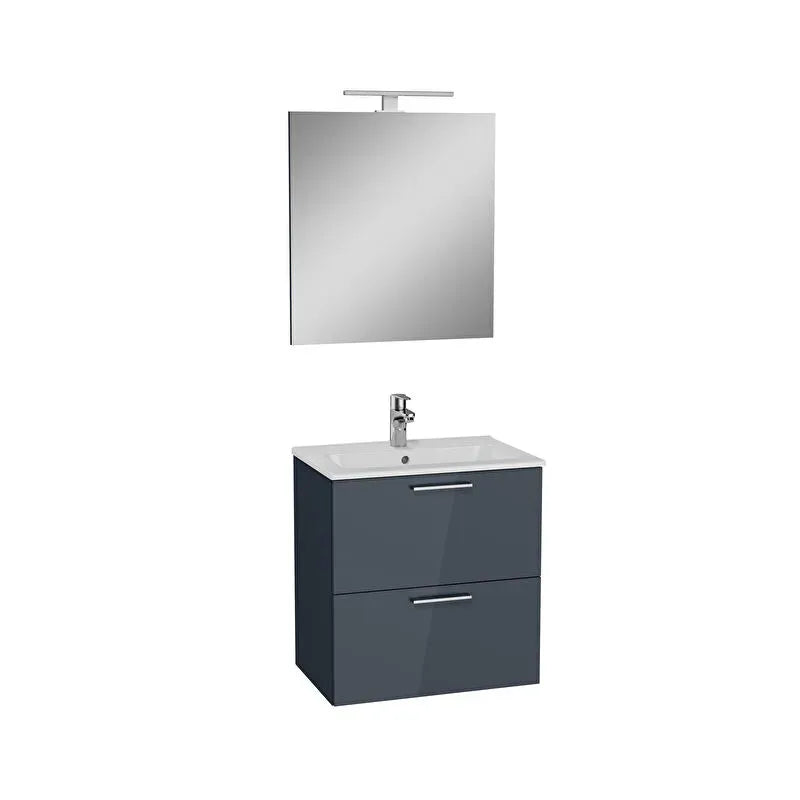 Mobile Bagno Mia Set 60 cm Antracite Lucido con Lavabo e Specchio LED – 2 Cassetti