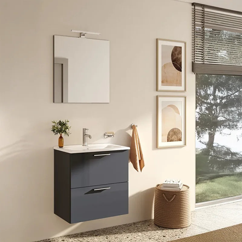 Mobile bagno Mia Set 60 cm antracite lucido sospeso con lavabo e specchio LED