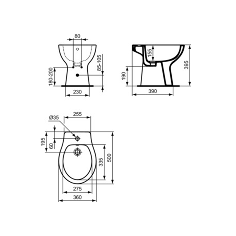 Bidet a terra filoparete Ideal Standard EUROVIT – bianco lucido – 360x500x395 mm – E877401