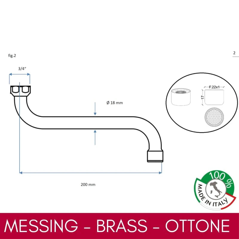 Canna a S 18x200 con rompigetto in ottone attacco 3/4"