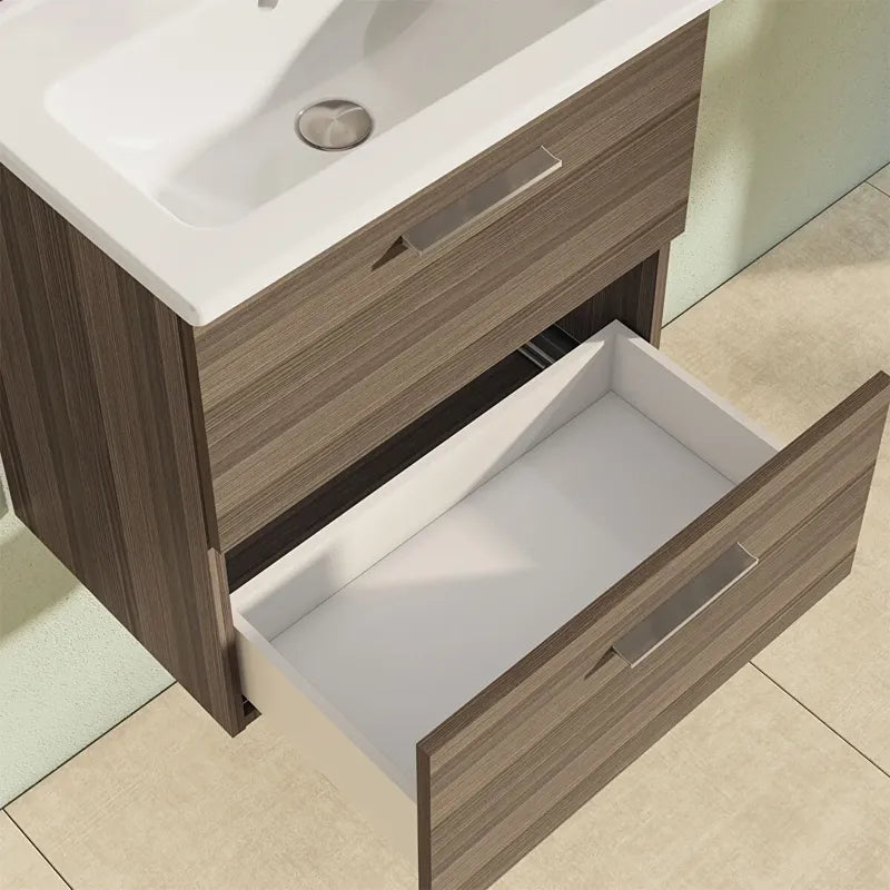 Dettaglio cassetti soft-close mobile bagno Cordoba effetto legno