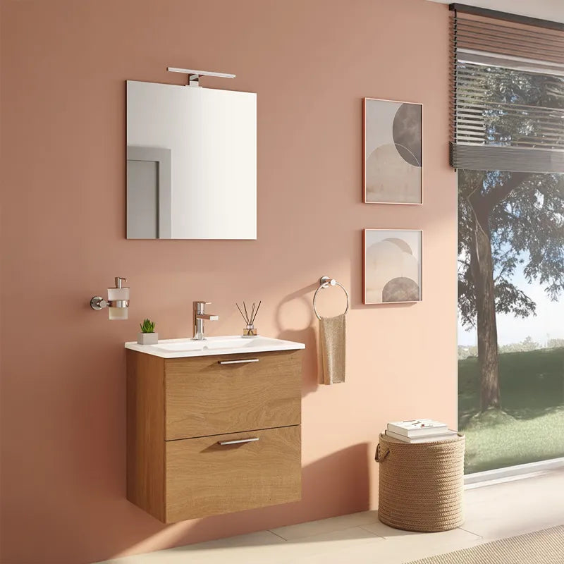 Mobile bagno Mia Set 60 cm Golden Oak sospeso con lavabo e specchio LED