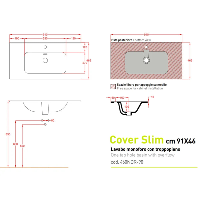 Lavabo da incasso Althea Cover Slim 90 cm in ceramica bianco lucido