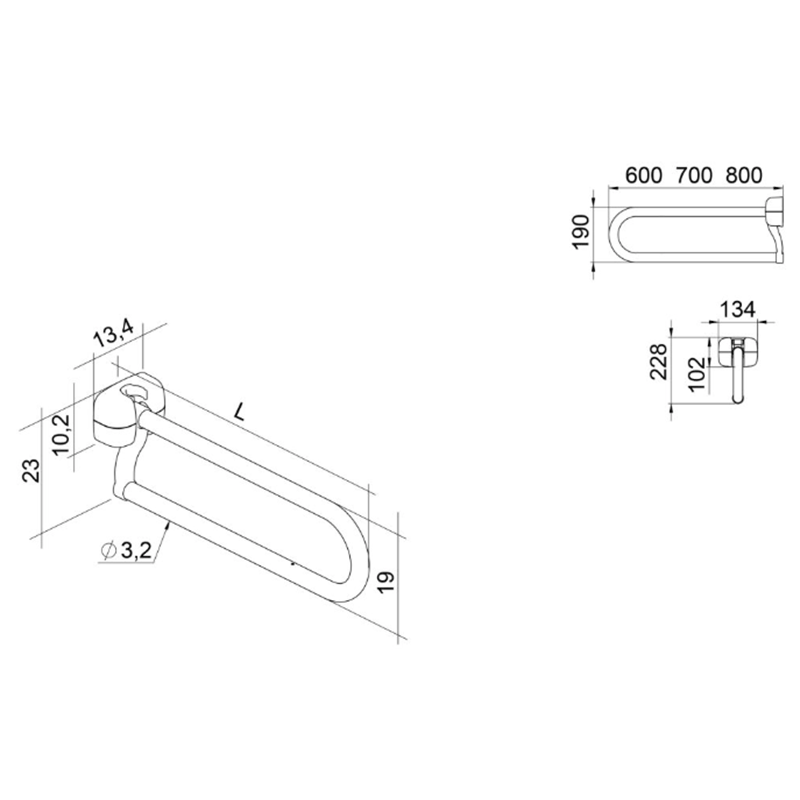 Maniglione ribaltabile in acciaio K Design – fissaggio a parete – lunghezze 60, 70, 80 cm – portata 125 kg

