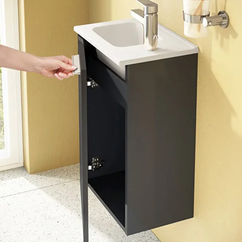 Vista interna mobile bagno Mia 40 cm con anta soft-close finitura antracite lucida