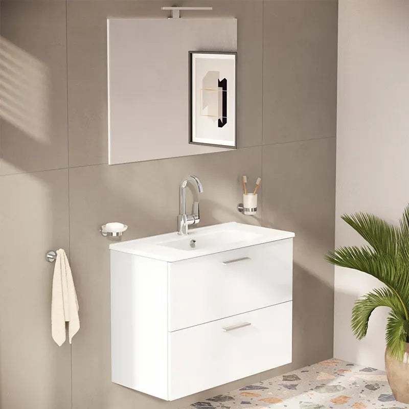 Mobile Bagno Mia Set 80 cm Bianco Lucido con Lavabo e Specchio LED – 2 Cassetti