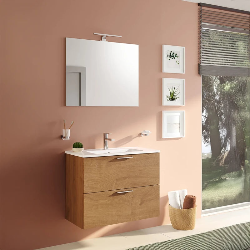 Mobile bagno Mia Set 80 cm Golden Oak sospeso con lavabo e specchio LED