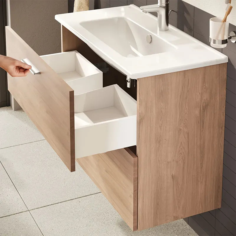 Dettaglio cassetti soft-close mobile bagno Golden Oak effetto legno