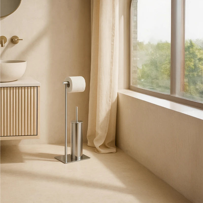 Piantana Portarotolo con Portascopino – Acciaio Inox Cromato