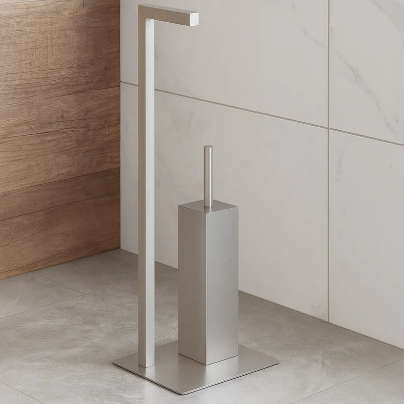 Piantana WC Zeus satinata in acciaio inox con portasciugamani, portarotolo e scopino – Metaform
