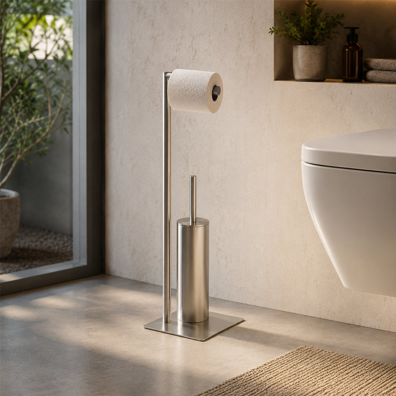 Piantana WC satinata Poseidon in acciaio inox con portarotolo e scopino – Metaform