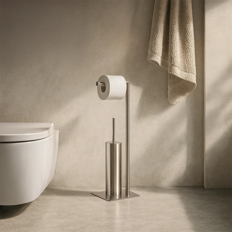 Piantana WC satinata Poseidon in acciaio inox con portarotolo e scopino – Metaform