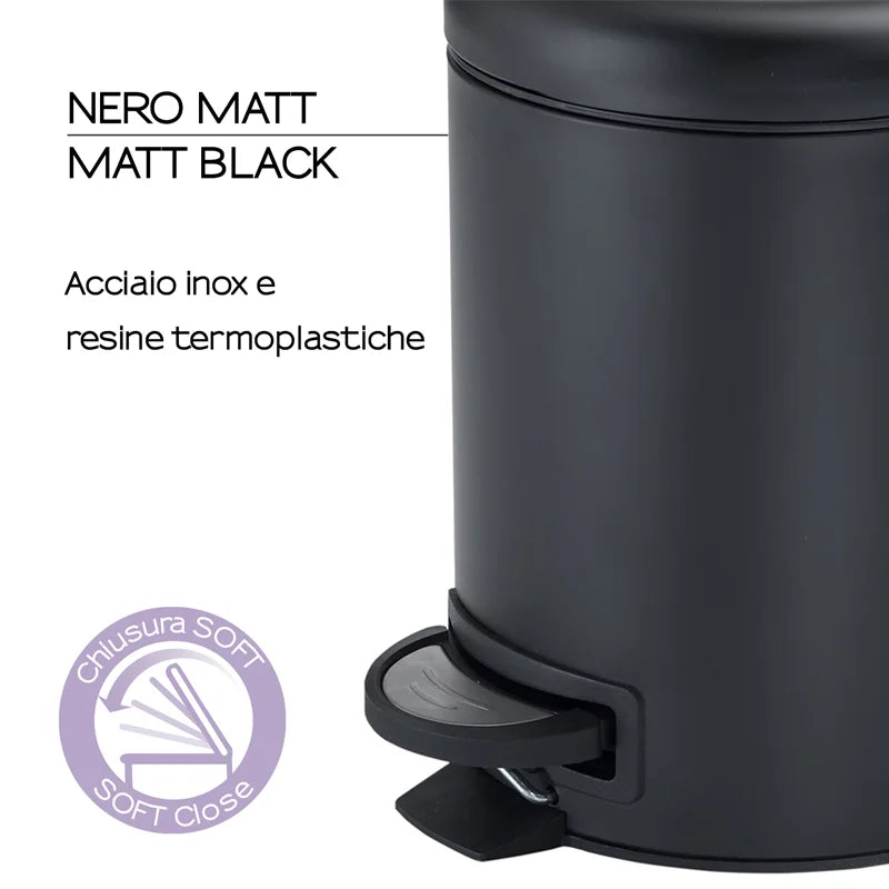 Portarifiuti bagno 5L acciaio inox nero opaco con pedale soft close - Gedy