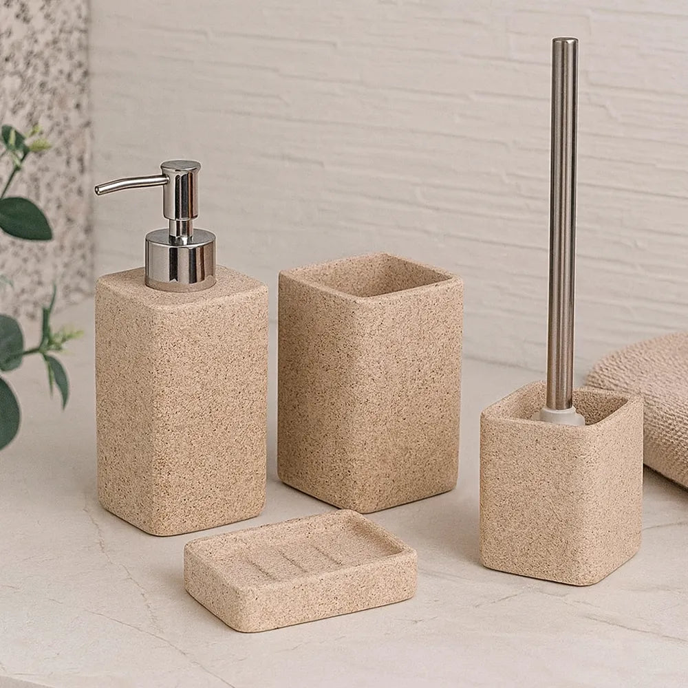 Set accessori bagno Roccia 4 pezzi in resina sabbia