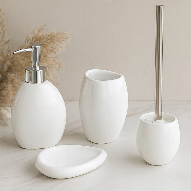 Set accessori bagno Acqua 4 pezzi in ceramica bianco lucido