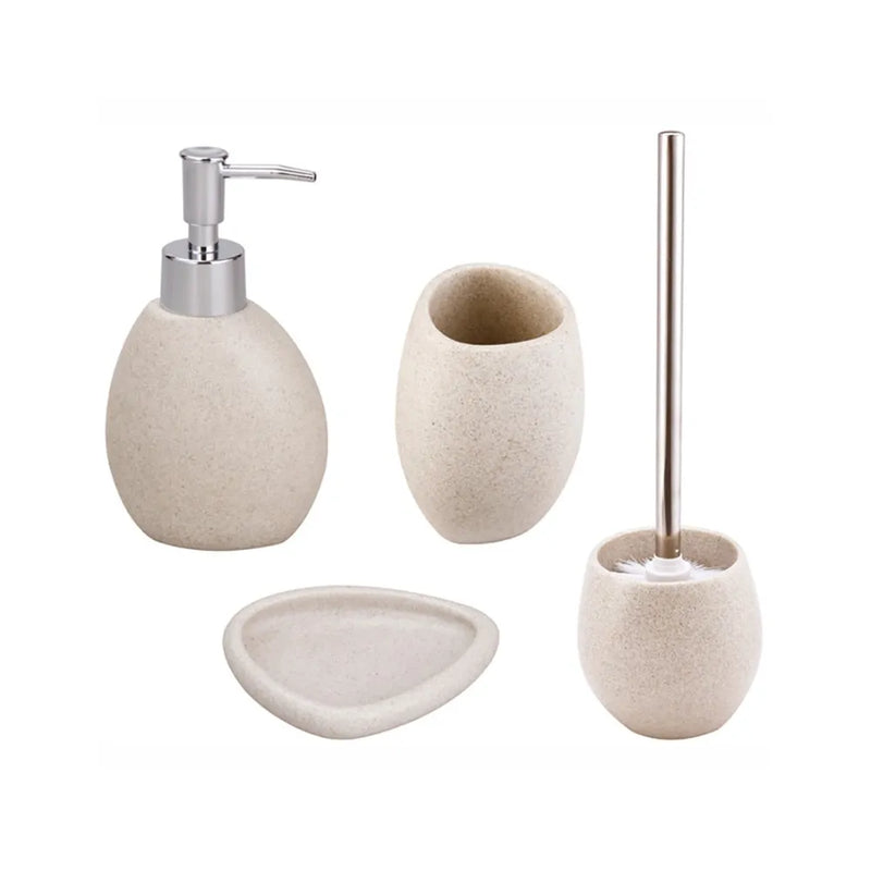 Set bagno Oceano color sabbia con dispenser, portasapone, portaspazzolino e portascopino