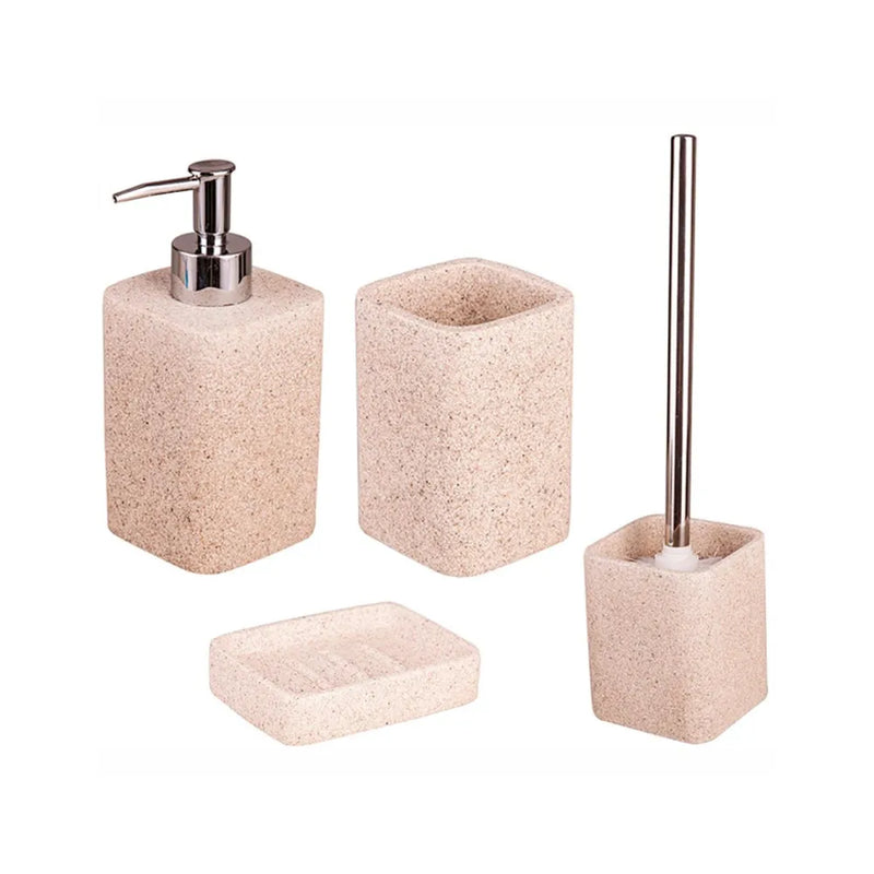 Set bagno Roccia color sabbia con dispenser, portasapone, portaspazzolino e portascopino