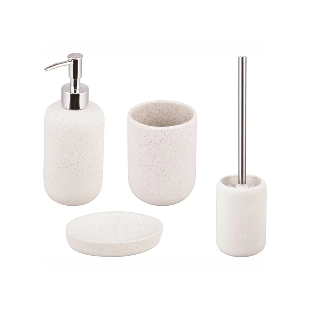 Set bagno Terra color sabbia con dispenser, portasapone, portaspazzolino e portascopino
