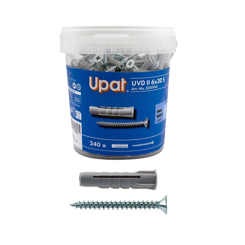 Tasselli universali Upat UVD II 6x30 nylon con vite barattolo 240 pezzi