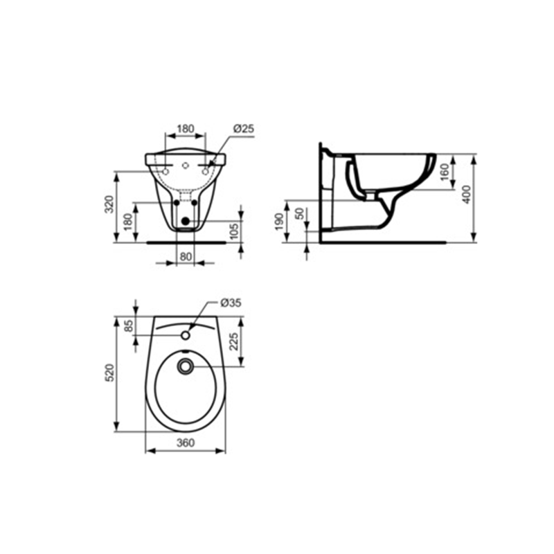 Bidet sospeso Ideal Standard EUROVIT – bianco lucido – 360x520x350 mm – V493101