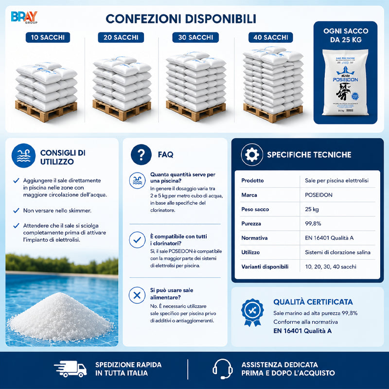 Sale per Piscina Elettrolisi 25 kg POSEIDON – Confezioni da 10, 20, 30 o 40 Sacchi
