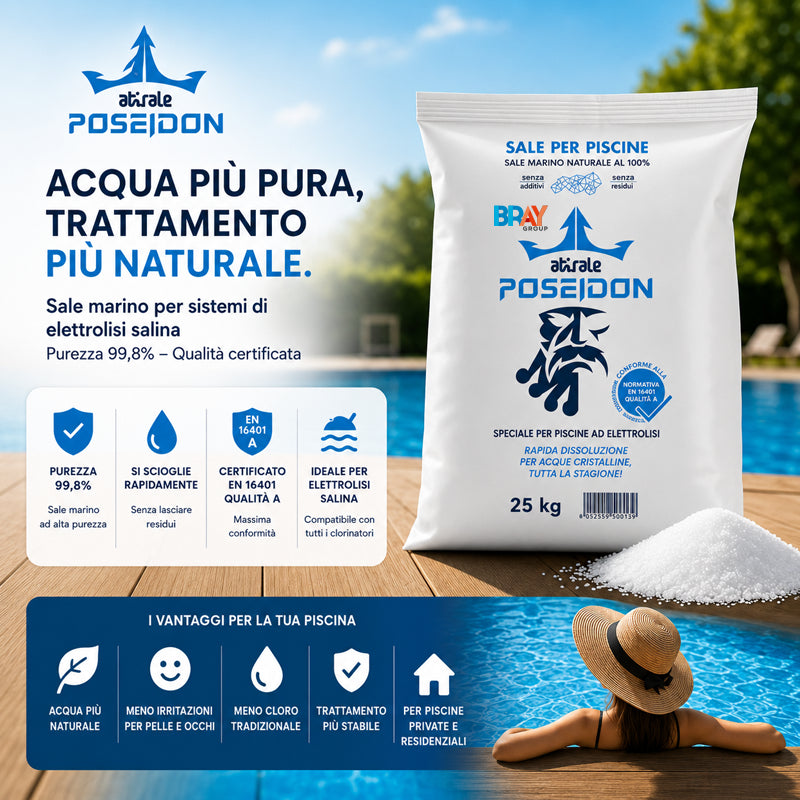 Sale per Piscina Elettrolisi 25 kg POSEIDON – Confezioni da 10, 20, 30 o 40 Sacchi