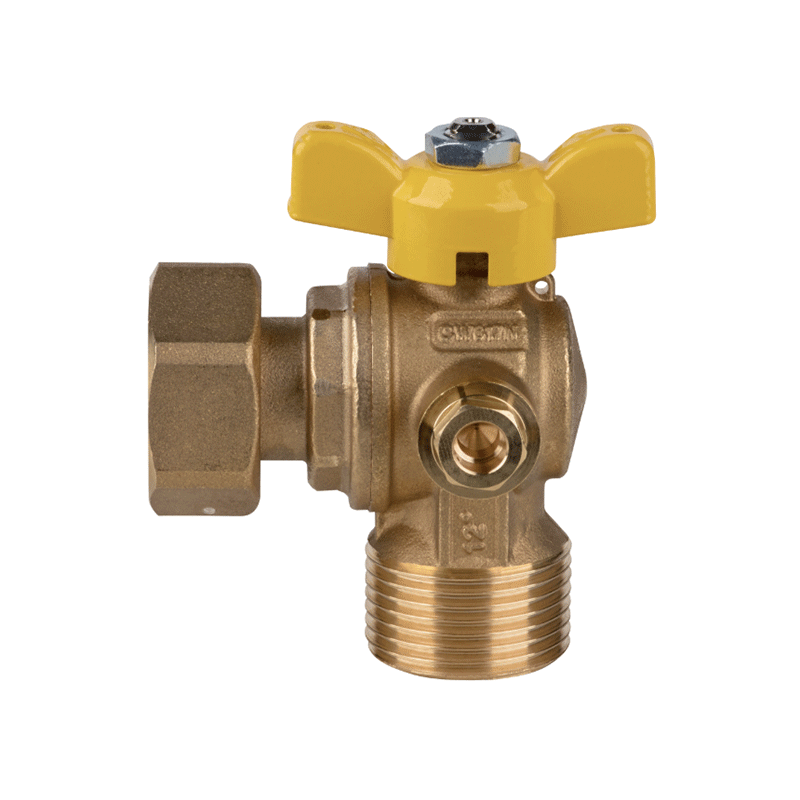 Valvola a sfera gas a squadra post-contatore con girello 3/4"x1" e presa pressione di sicurezza