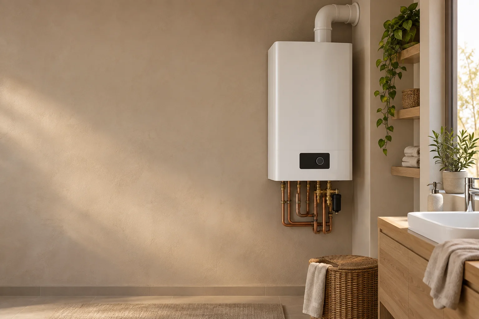 Caldaia a parete accanto a un lavabo in un ambiente domestico luminoso