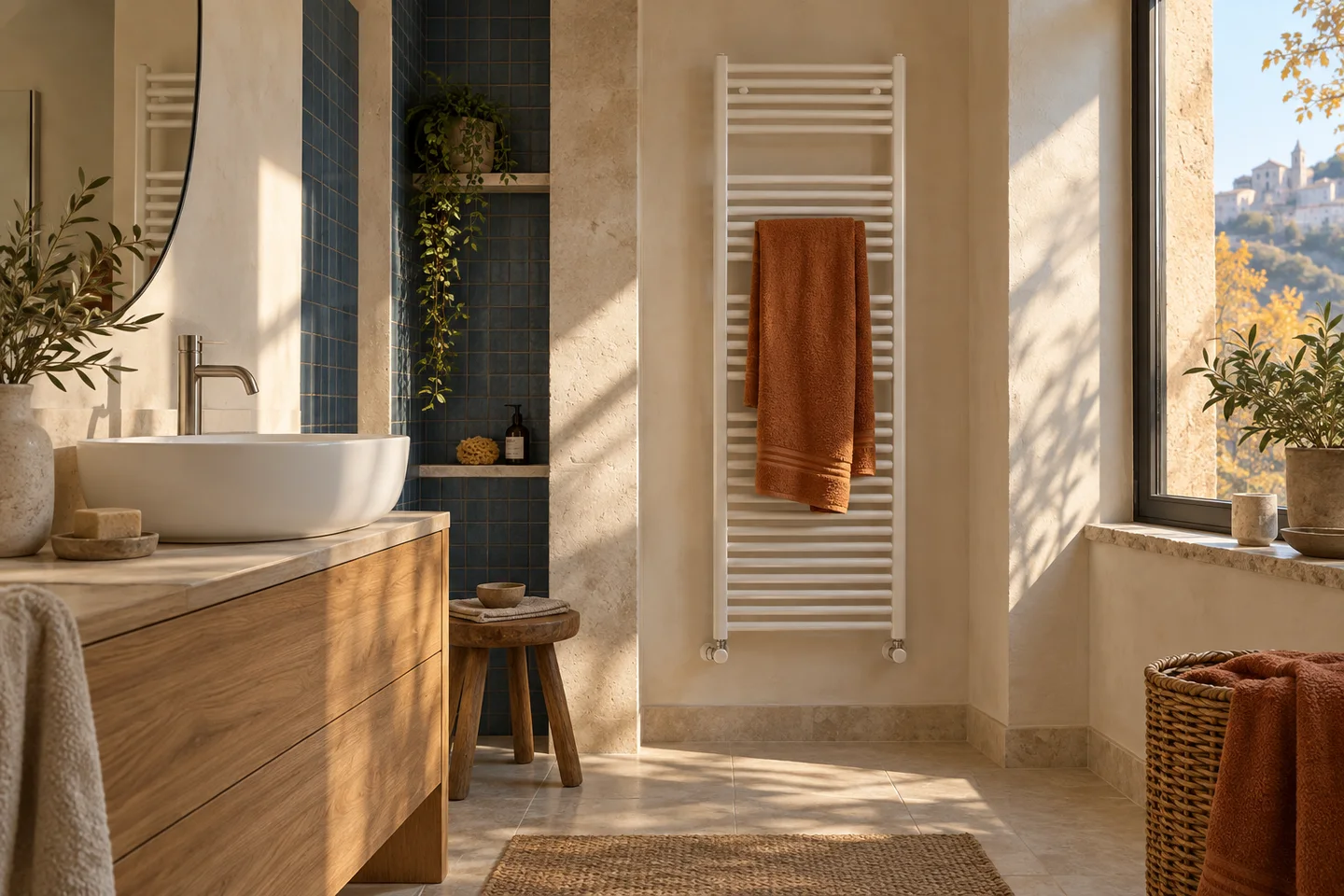 Bagno luminoso con scaldasalviette bianco, legno naturale e dettagli blu e terracotta